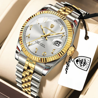 Men's Retro Quartz Watch with Stainless Steel Strap & Calendar