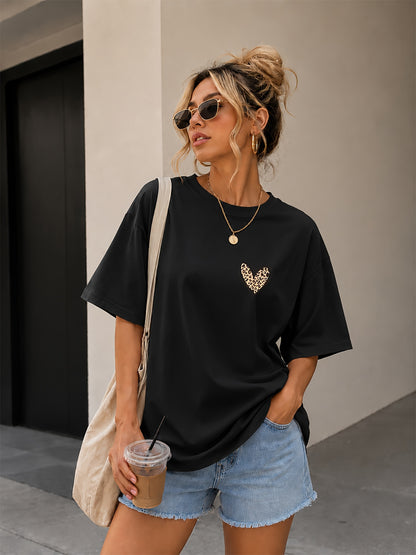 Women’s Loose Crew Neck Cotton T-Shirt with Leopard Heart Print