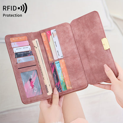 MIYIN Women's Vintage RFID Blocking Large Capacity Wallet with Wrist Strap - Tri-Fold  Handbag, Zipper Pocket & ID Slot, Multi-Card Holder (Credit/Debit) - Solid for Professional & Everyday Use
