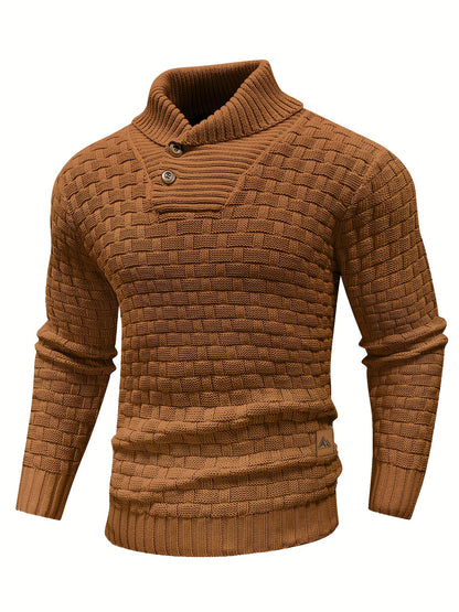 Men's Casual Waffle Pattern High Stretch Sweater, Chic Mature Pullover Sweater For Fall Winter