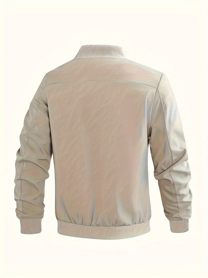 1pc Men'S Casual Stand Collar Bomber Jacket, Solid Color Long Sleeve Non-Stretch Woven Acetate with Pockets, Polyester Lined Zip-Up Lightweight Outerwear for Spring/Fall