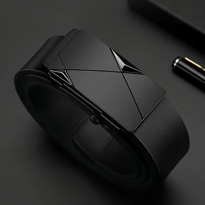 Men's Luxury Automatic Buckle Faux Leather Belt - Sleek Black with Golden Geometric Buckle, Business Casual Style, Adjustable Fit for Comfort, Business Casual Accessory | Sophisticated Belt Design | Sleek Black Finish