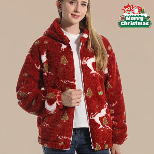 Cozy Christmas Reindeer Sweater - Red & Golden holiday Sweater with Deer, Soft Coral Fleece-like Pullover for Women & Men, Winter party Outfit, Lounge Wear - Machine Washable Cold Weather Clothing, Christmas Sweaters, Festive