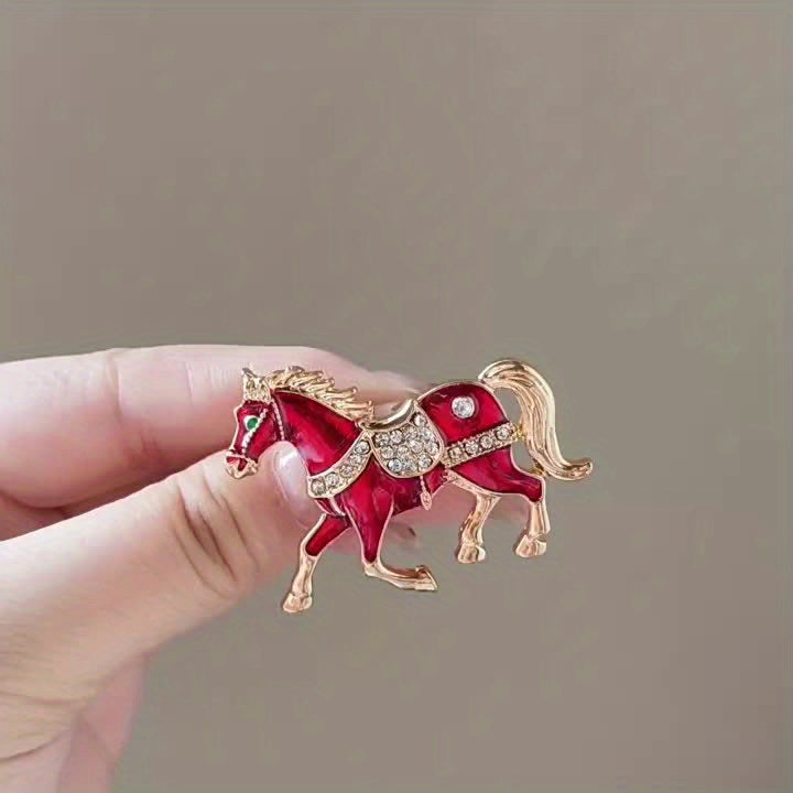1pc Enamel Dripping Oil Inlaid Rhinestone Pony Fashion Brooch | Creative Ethnic Style Horse Badge Pin, High-End Design Couple Accessories, Exquisite Suit Corsage Party Decoration, Suitable for Christmas, Year of the Horse, Eq