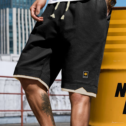 Men's Solid Shorts With Pockets, Casual Elastic Waist Fake Two-piece Drawstring Shorts For Summer