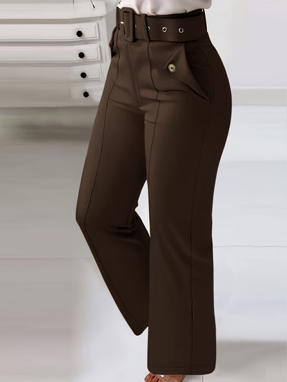 Women'S High-Waist Button-Detail Casual Straight Leg Pants, Solid Color, Polyester, with Belt, for All-Season Woven Trousers