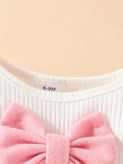 Honey Style Knitted Fabric Crew Neck Long Sleeve T-Shirt with Solid Color Flared Skirt and Beret Set for - Bow Detail Knee High Medium Stretch Fall/Winter Outfit