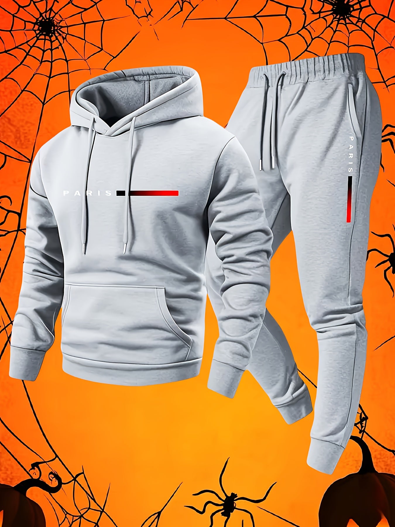 Halloween Men'S Hoodie with PARIS Lettering And Drawstring Sweatpants Set, a Must-Have Outfit for Autumn And Winter, Perfect for Everyday Outdoor Wear - ayq