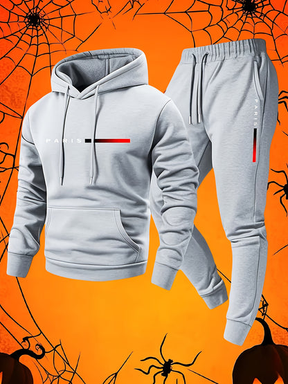 Halloween Men'S Hoodie with PARIS Lettering And Drawstring Sweatpants Set, a Must-Have Outfit for Autumn And Winter, Perfect for Everyday Outdoor Wear - ayq