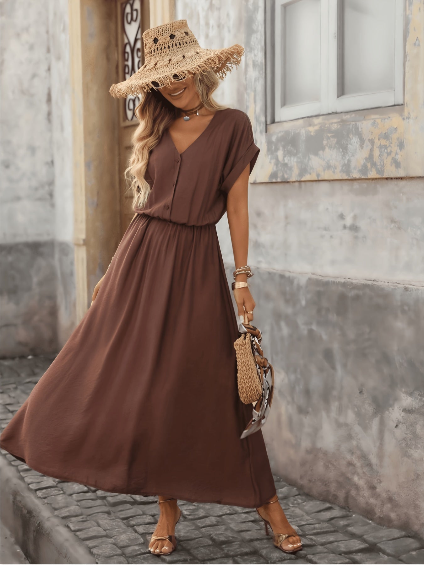 Women's Summer V-Neck Peplum Dress, Lightweight Polyester