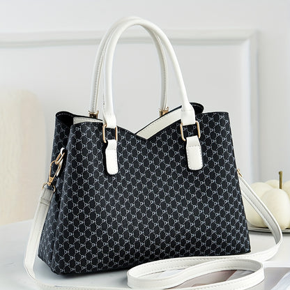Women's Elegant Two-Tone Faux Leather Tote Bag with Detachable Strap