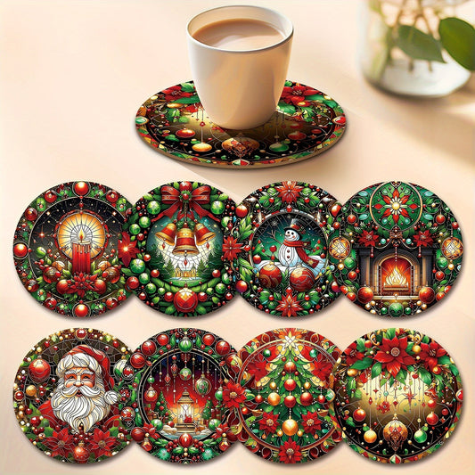 8pcs Holiday Christmas Wooden Coaster Set - Heat-Resistant, Hand Washable, for Drinks, Coffee, Office, Kitchen Table Decor, Festive Gift - Perfect for Christmas and New Year, Home & Kitchen Essentials, Restaurant & Bar Suppli