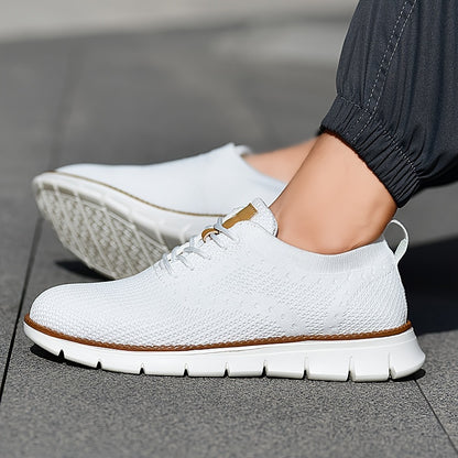 Men's Breathable Knit Business Casual Shoes - Beige with Brown Accents, Lace-Up, EVA Sole, Round Toe, Versatile for All Seasons, Dressy Shoes
