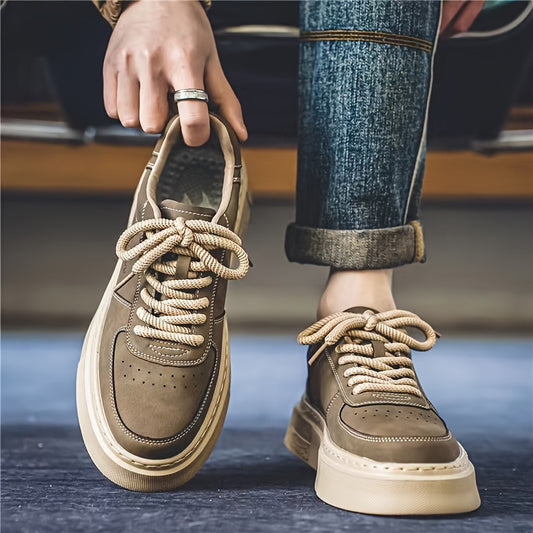 Men's Solid Colour Platform Skateboard Shoes, Comfy Non Slip Durable Lace Up Sneakers For Men's Outdoor Activities
