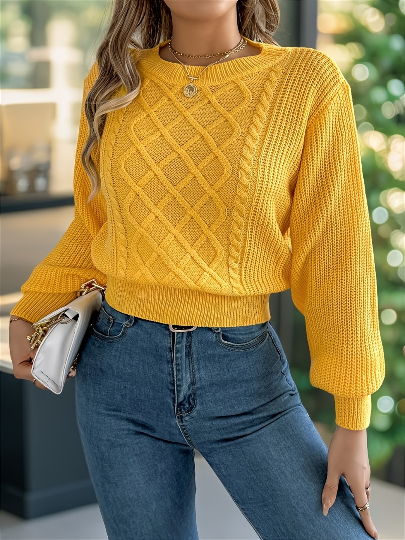 Elegant Cable Knit Sweater for Women - Casual Long Sleeve, Round Neck Pullover in Solid Color, Perfect for Fall/Winter