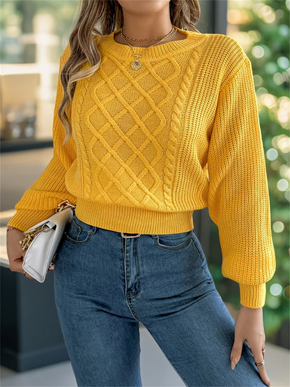Elegant Cable Knit Sweater for Women - Casual Long Sleeve, Round Neck Pullover in Solid Color, Perfect for Fall/Winter