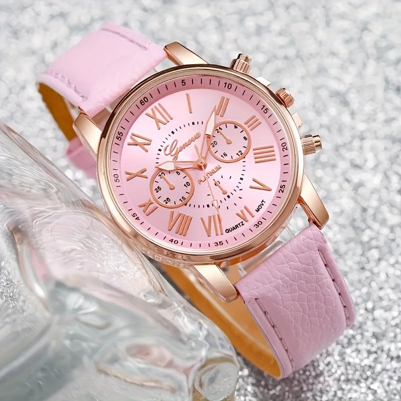 Chic 6pcs Quartz Watch Set with Faux Leather Straps & Heart Charm Bracelets - Perfect Gift for Valentine's, Easter, Birthdays & Christmas