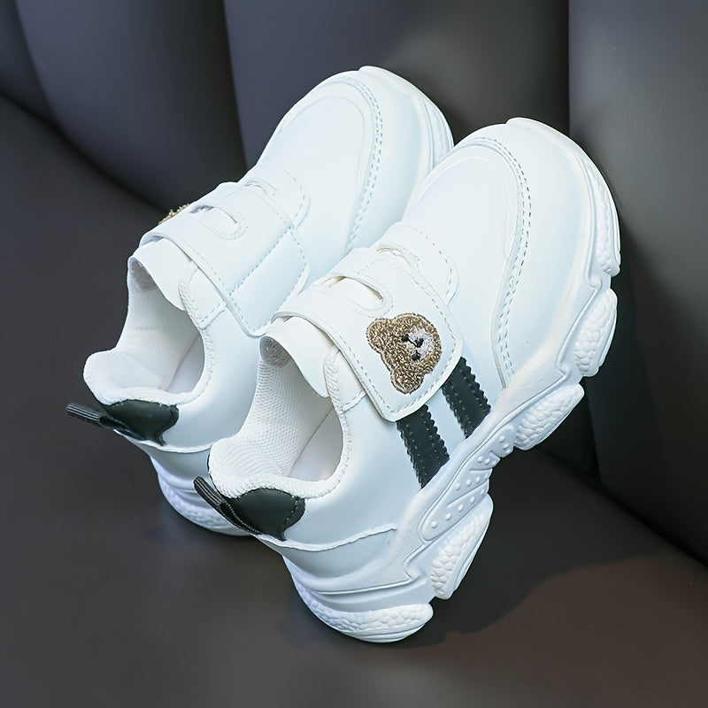 Girls' White Sneakers - Cute Cartoon Bear Design, Casual Low-Top Style with Hook-and-Loop Fastener, Comfortable Microfiber Synthetic Upper, All-Season Wear for Youngsters, Everyday Youngsters's Shoes | Playful Youngsters Snea