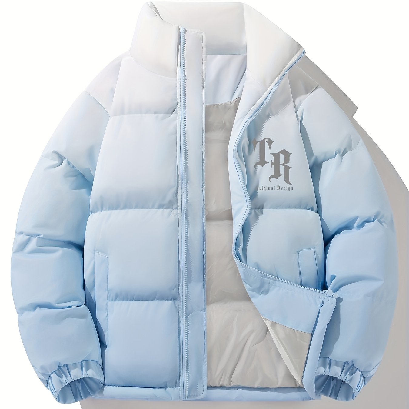 1 հատ տղամարդու փողոցային ոճի վերարկու՝ կանգնած օձիքով, այբուբենի նախշերով, սովորական չափսերով, լարերով, չձգվող գործվածքով պոլիեսթեր, 100% պոլիեսթերային լցոն, երկար թևքերով, ամենօրյա տաք, գրադիենտային բաճկոն՝ աշնանային և ձմեռային համար