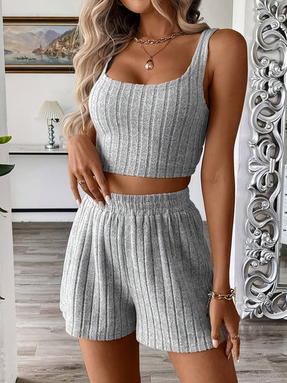 Women's Casual Summer Tank Top and Shorts Set, Polyester Blend