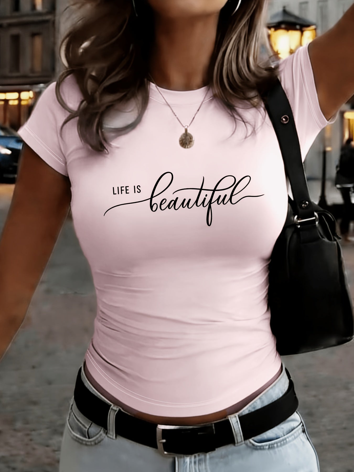 Slim Fit LIFE IS Beautiful Letter Print T-Shirt for All Seasons - ayq