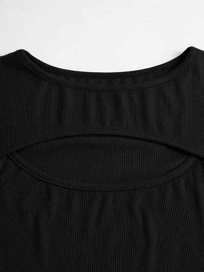 1pc Essence Women'S Elegant Ribbed Long Sleeve T-Shirt, Polyester and Spandex Blend, Hollow-Out Detail, Solid Color, Crew Neck, Regular Length, Knitted Fabric - Autumn/Winter Collection