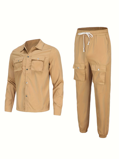 Men'S Casual Polyester Suit Set, Solid Color, Non-Stretch, Regular Fit, with Lapel Collar, Pocket Details, for Hiking, Daily Wear, and Special Occasions, Spring/Fall, Fall/Winter