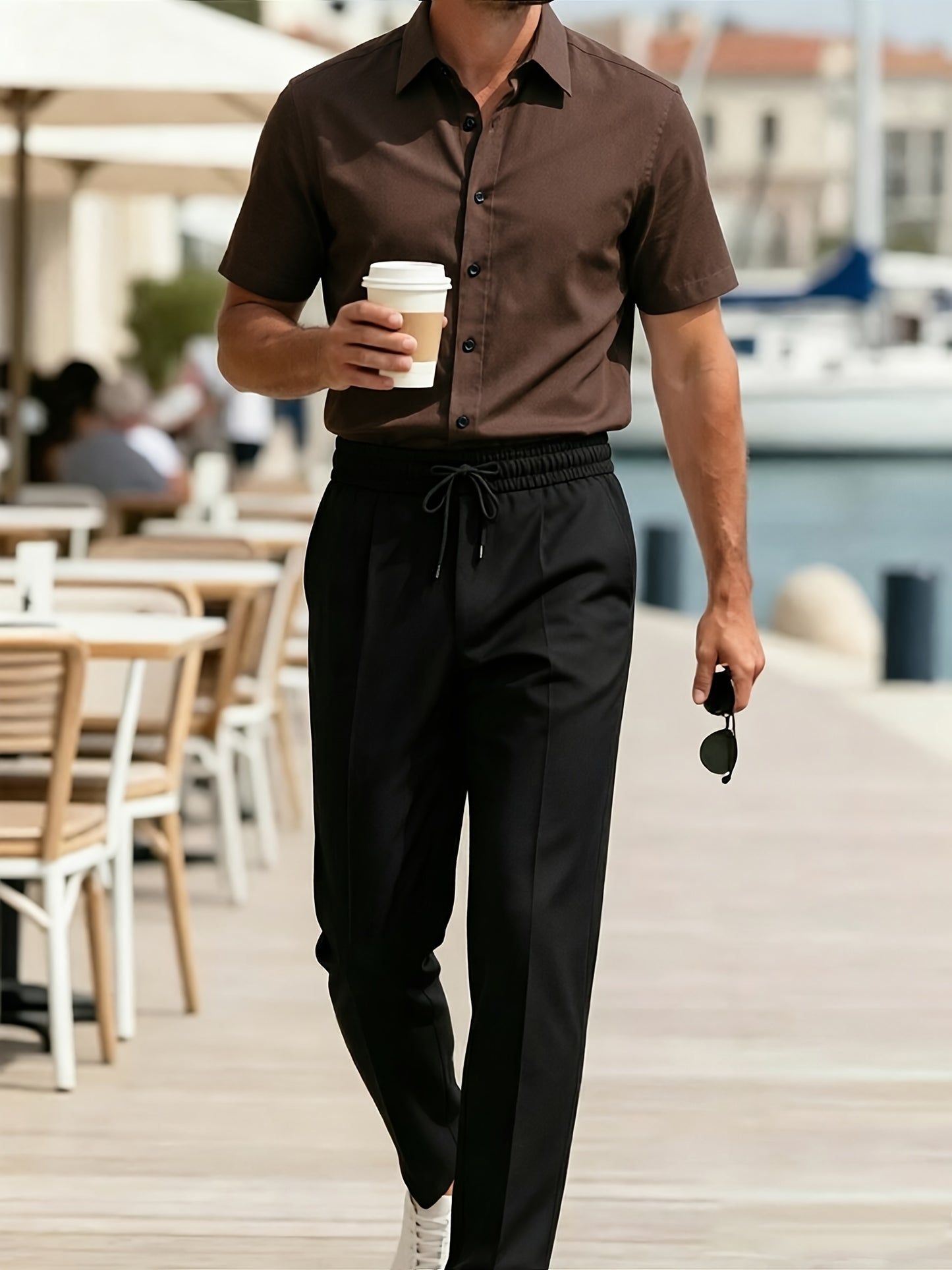 Men's Casual Lapel Short Sleeve Shirt & Elastic Waist Trousers Set
