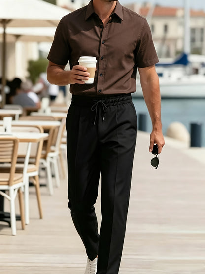 Men's Casual Lapel Short Sleeve Shirt & Elastic Waist Trousers Set