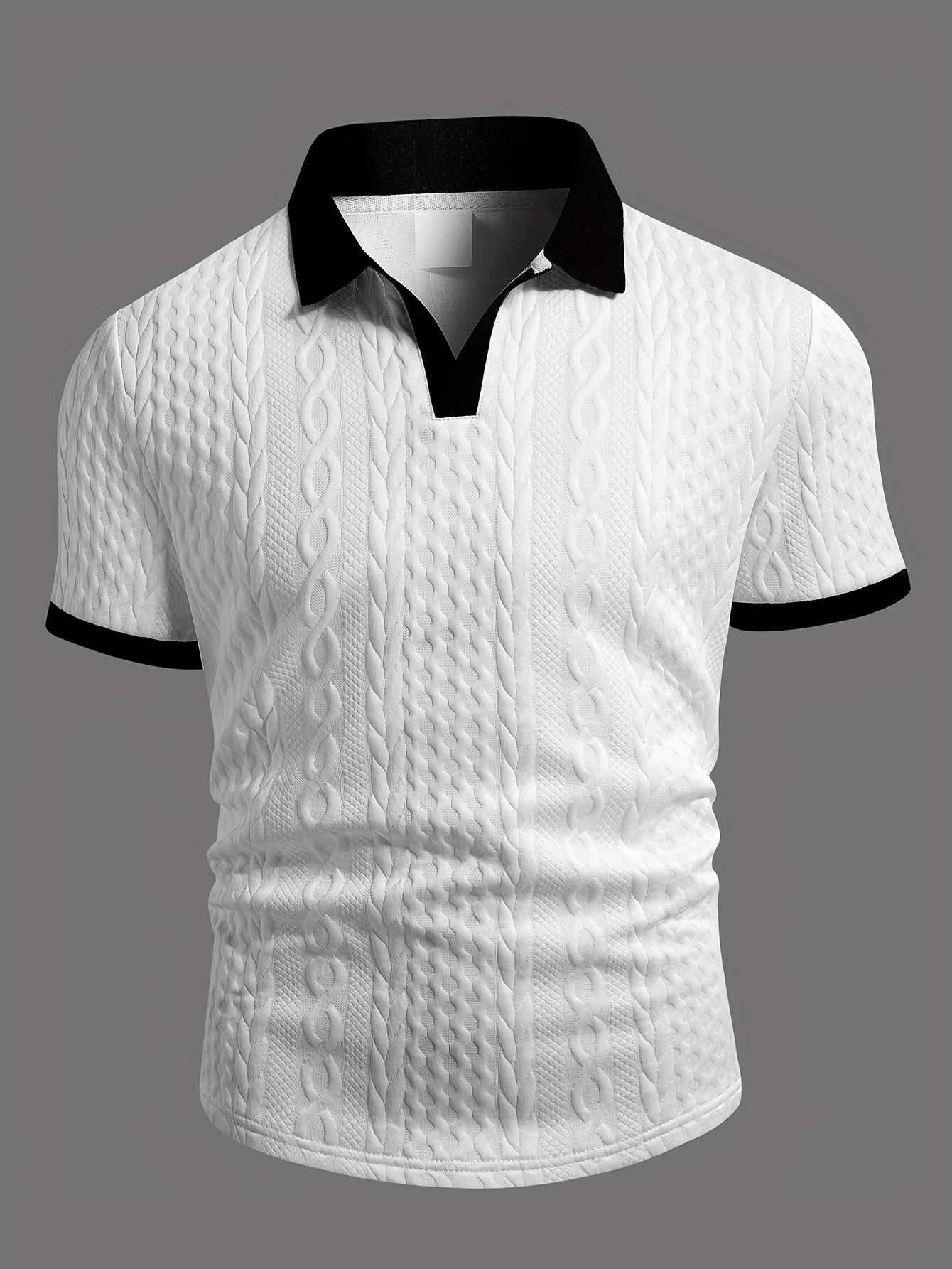 Summer Breathable Italian-style Color-blocked Light-mature Trendy Men's Shirt with V-neck, Slight Stretch, Jacquard Texture, Slim-fit Short Sleeves, Knitted - ayq