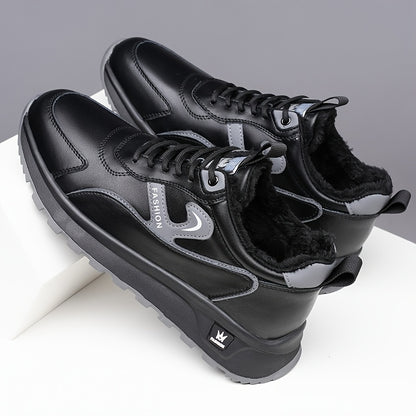 Men's Winter Non-Slip Sneakers - All-Season Traction Shoes with Thick Cushioned Rubber Sole, Slip-Resistant Grip, PU Upper & EVA Insole - Low-Top Sneakers for Hiking, Gym, Everyday - White & Gray Accents - Ideal Cold Weather