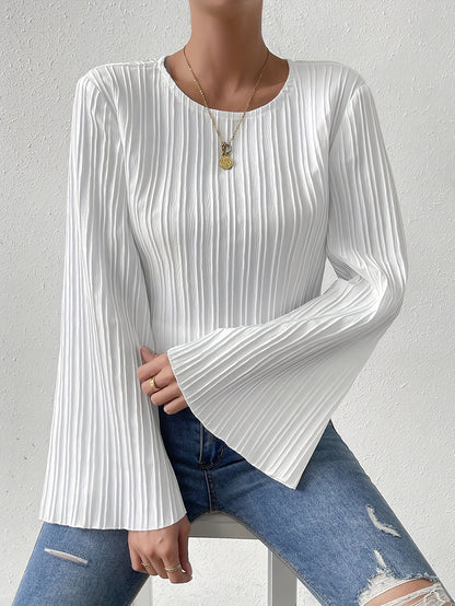 Women's Trendy Bell Sleeve Ribbed Blouse - White Crew Neck, Flared Sleeves, Casual Spring/Summer Top, Breathable Polyester Blend, Perfect for Casual Attire, Versatile Fashion | Ribbed Texture Shirt | Stretchable Fabric
