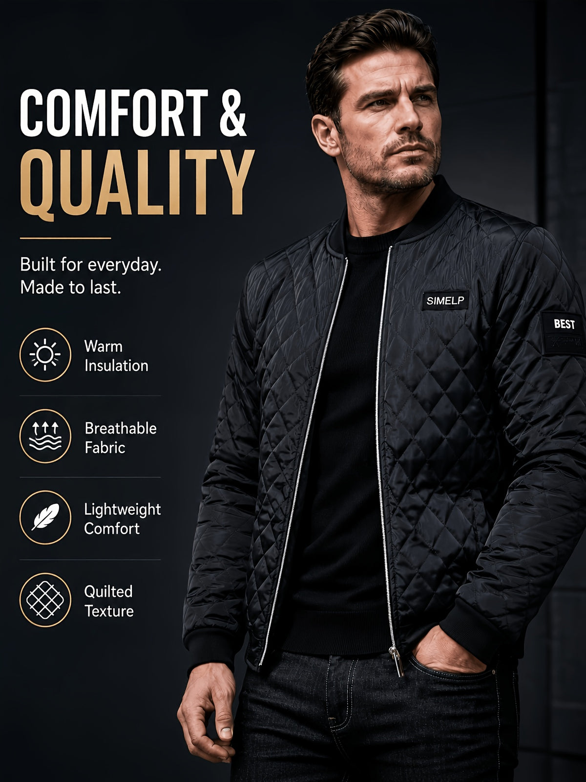 Men's Quilted Bomber Jacket with Ribbed Collar for Fall/Winter