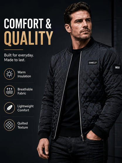 Men's Quilted Bomber Jacket with Ribbed Collar for Fall/Winter