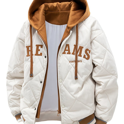 2025 New Product Men's Winter Warm Jacket with Letter Embroidery, Thickened Warm Casual Hooded Faux Two-Piece Jacket Coat for Camping, Christmas New Arrival