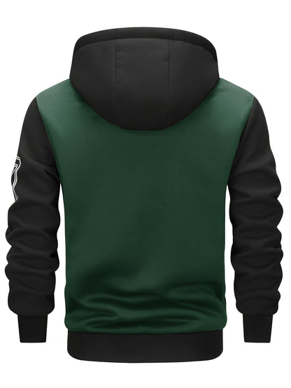Men's 'BROOKLYN' Pattern Color Blocking Hooded Jacket, Casual Preppy Style Coat For Spring And Autumn Outdoors As Gift