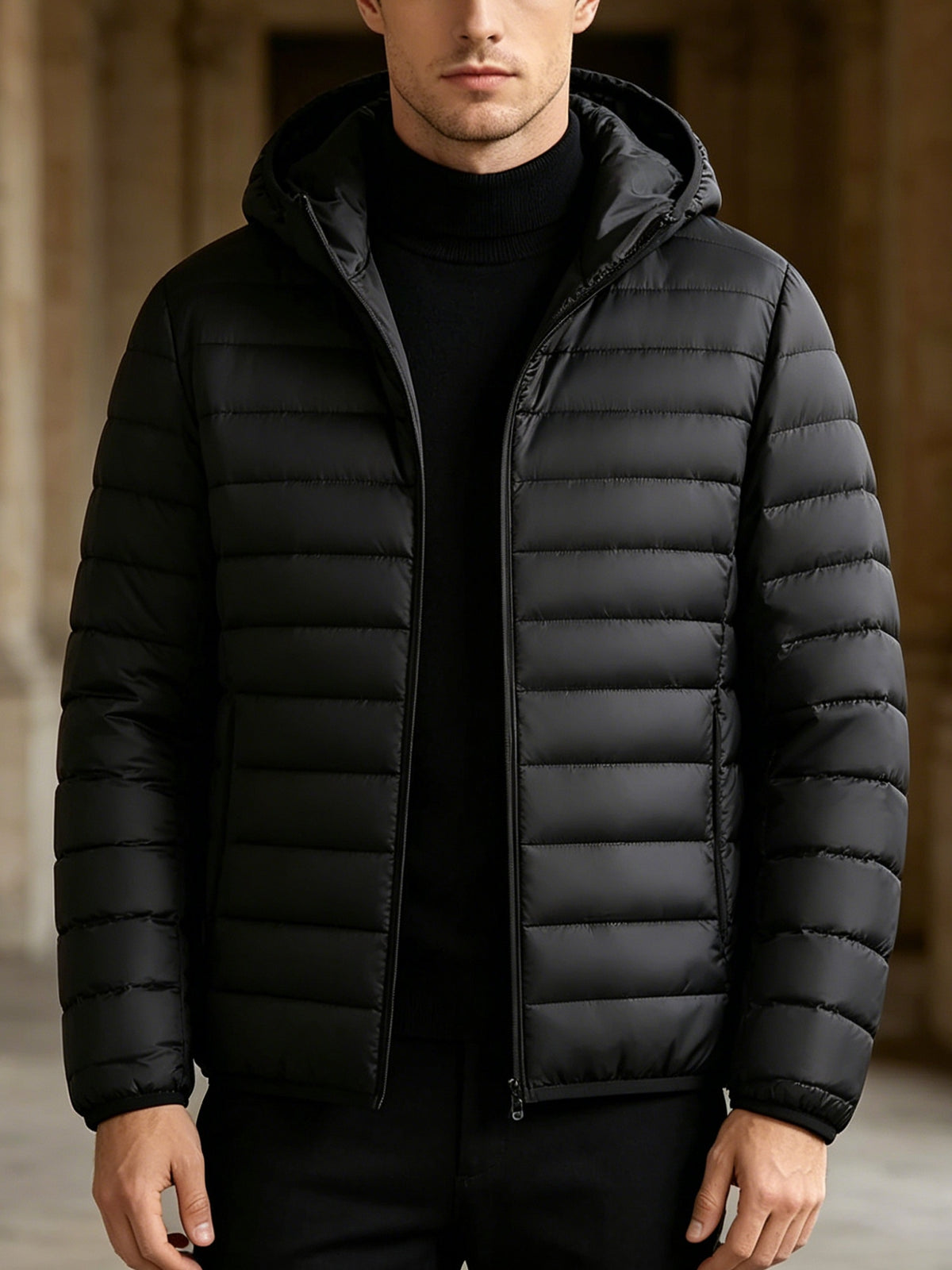 Men's Casual Hooded Padded Coat - Warm Polyester Outerwear