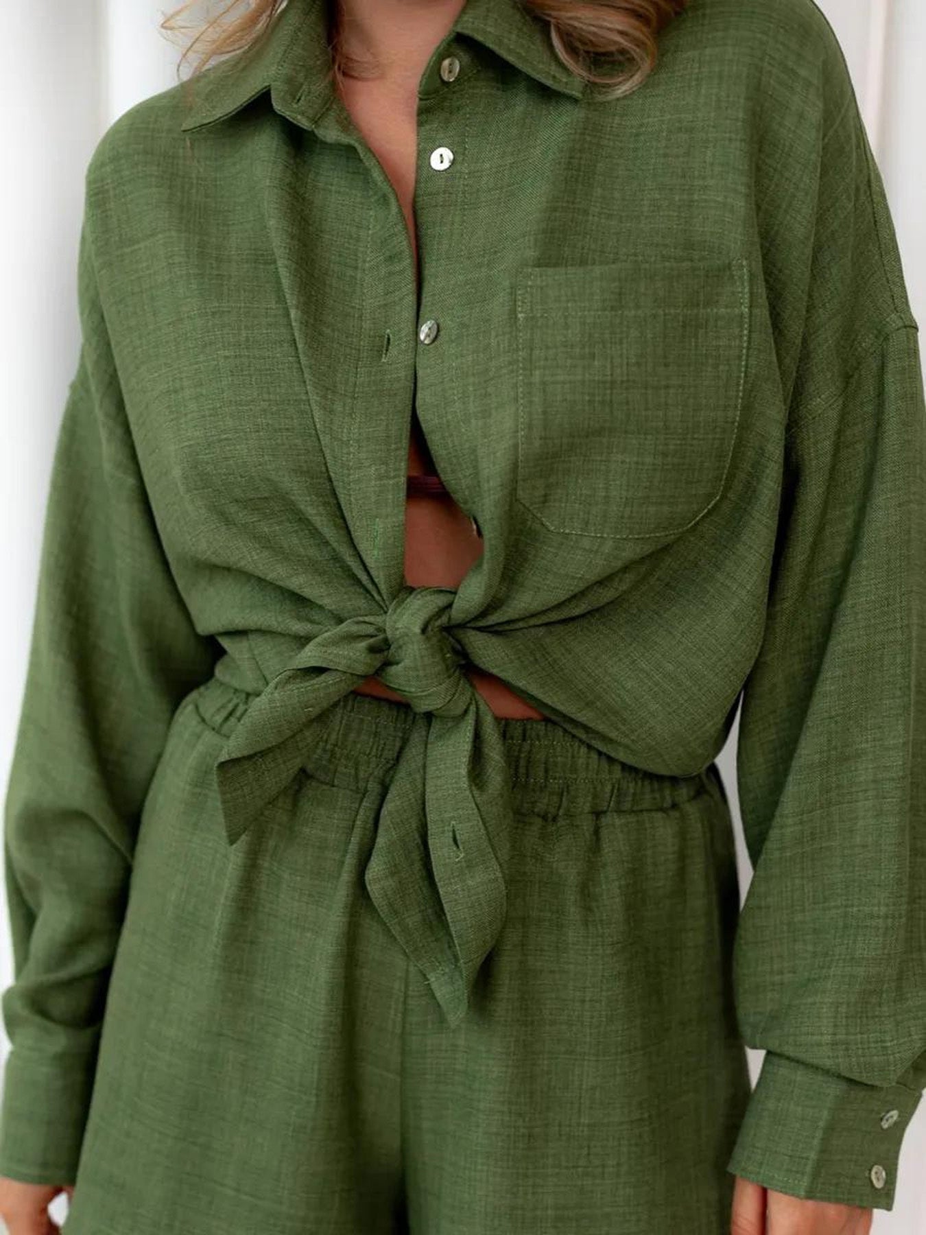 Women's Casual Two-Piece Set Long Sleeve Shirt & Shorts