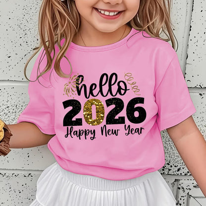 Girls' 2026 New Year T-Shirt - Hello 2026 Happy New Year Graphic Tee with Golden Number 2026, Heart, & Golden Lettering - Lightweight Summer Top for Birthday Party, Girls Clothes