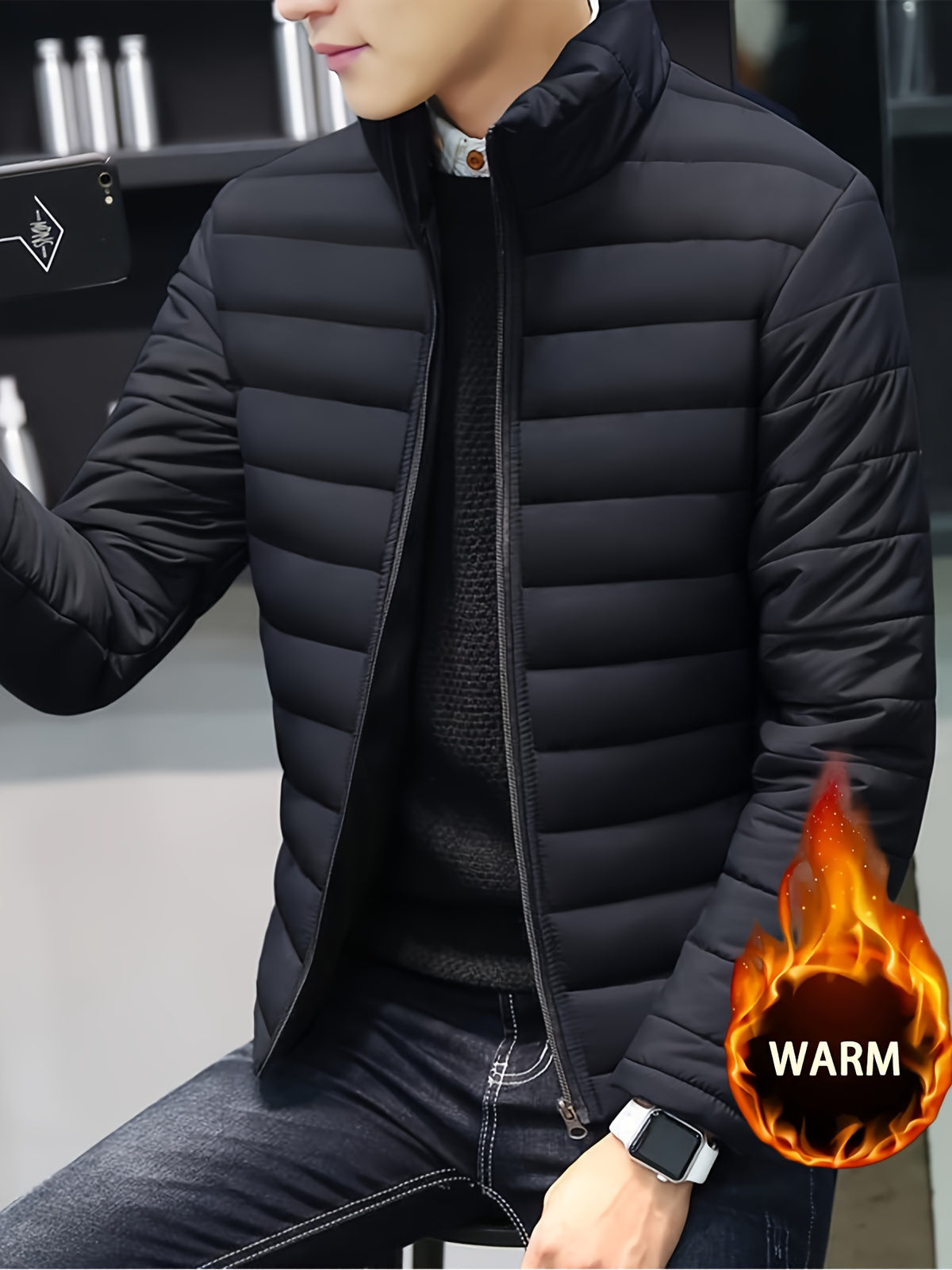 Men's Winter Warm Windproof Jacket with Stand Collar and Zippered Pock