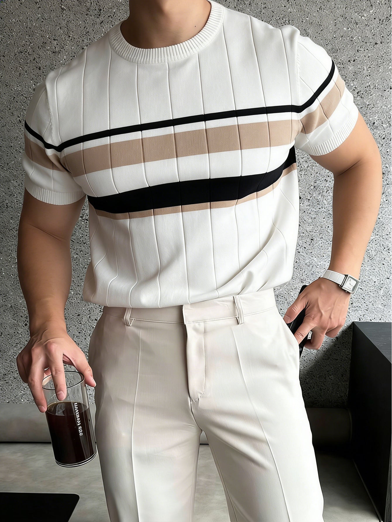 Men's Color Block Knit Pullover Short Sleeve Crew Neck