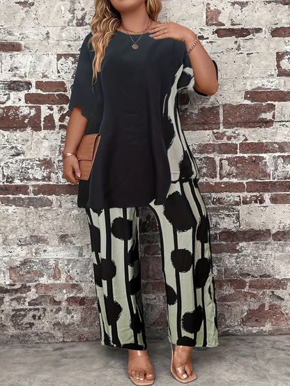 Plus Size Women'S Black Printed Sweater Set - Casual Long Sleeve Pullover with "LOVE" Design, Wide Leg Pants, Non-Stretch Fabric, Perfect for Fall & Winter, Autumn Winter Wear|Casual Style|Comfortable Fit