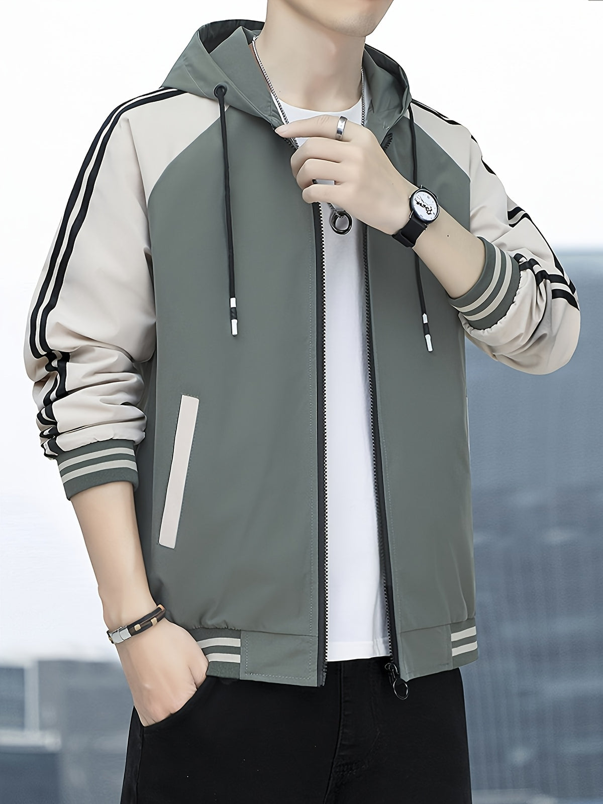 Men's Hooded Color Block Zipper Coat for Spring & Autumn