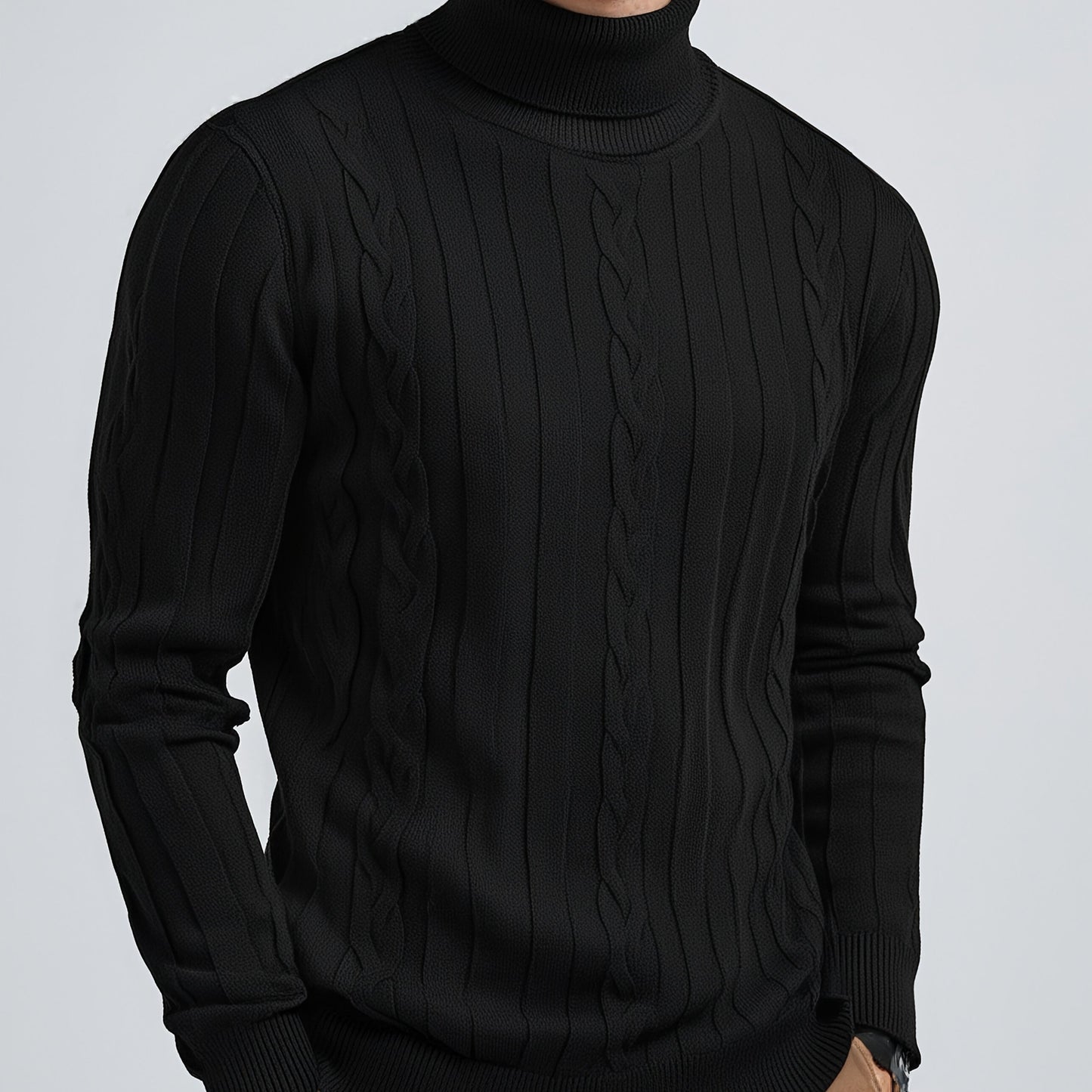 Men's Mature Slim-Fit High-Neck Long-Sleeve Sweater, Casual Ribbed Knit Pullover Solid Color Sweater, Men's Winter Clothing, Men's Sweater, Christmas Sweater, Men's Christmas Sweater, Winter Men's Apparel, New Year's Apparel,