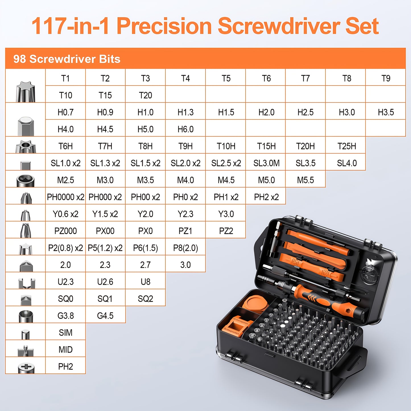 117in 1 Precision Screwdriver Set, Tool Gifts for Men, Mini Repair Tool Kit with Torx Triwing Bits, Repair for Computer, Macbook, Laptop, Glasses. Screwdriver bits are made of high-quality CRV steel, which is wear-resistant a