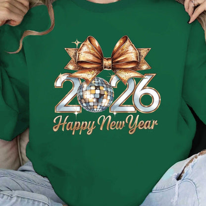 Women'S 2026 Happy New Year Disco Ball Sweatshirt - Black with Golden Glitter & Bow Graphic, Cozy Round Neck Long Sleeve Casual Pullover for Winter, Festive Party Outfit & Casual Attire, New Year Shirt, Yorkshire Terrier Swea