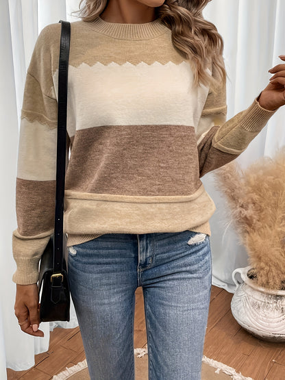 [Durable Build] Women's Elegant Color Block Knit Sweater - Striped Polyester Pullover with Round Neckline, Long Sleeves, Non-Transparent, All-Season Wear, Allseason Sweater | Elegant Knitwear | Polyester Fiber