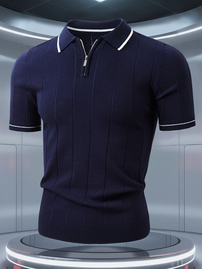 Men's Knitted Polo Shirt with Classic Vertical Stripes - ayq