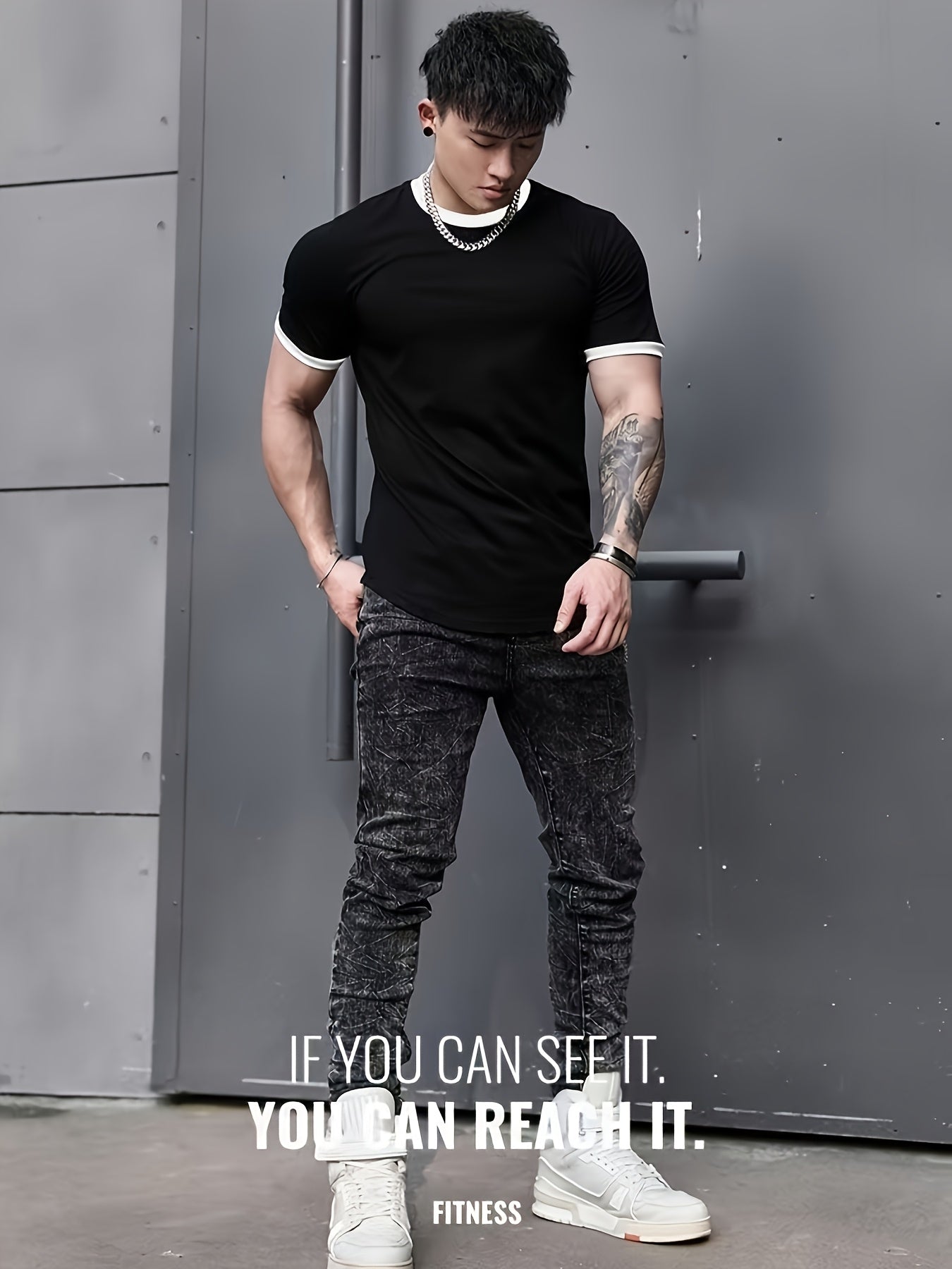 Men's Quick-Dry Athletic T-Shirt - High Elasticity, Breathable Polyester, Black with White Contrast Trim, Round Neck, Short Sleeves for Gym, Running & Basketball, Workout Clothing | Casual Sportswear | Polyester Fabric