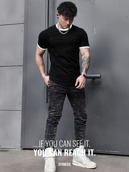 Men's Quick-Dry Athletic T-Shirt - High Elasticity, Breathable Polyester, Black with White Contrast Trim, Round Neck, Short Sleeves for Gym, Running & Basketball, Workout Clothing | Casual Sportswear | Polyester Fabric